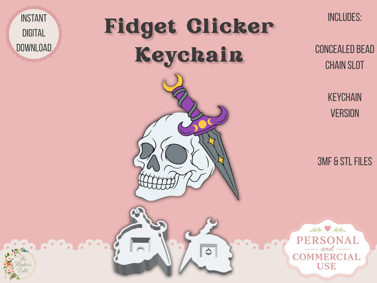 Fidget Clicker 3D Printer File | Ritual Dagger Skull STL 3MF | Keychain