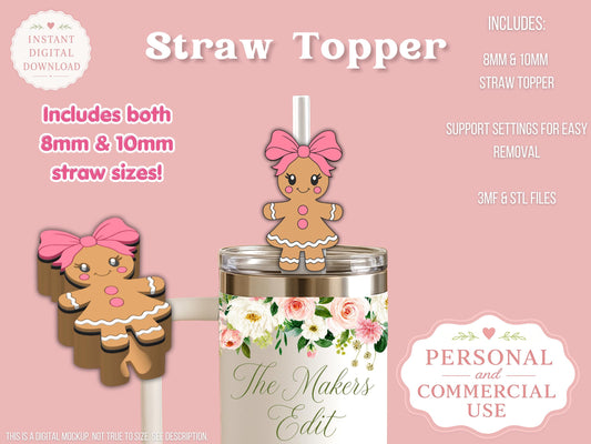 Straw Topper 3D Printer File | Gingerbread Girl Coquette STL 3MF | Fits 10mm & 8mm Straws
