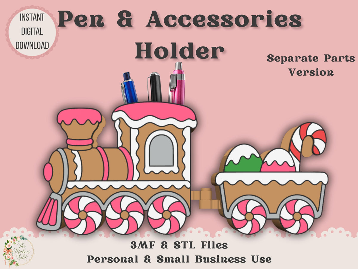 Pen & Accessories Holder 3D Printer File | Gingerbread Train STL 3MF