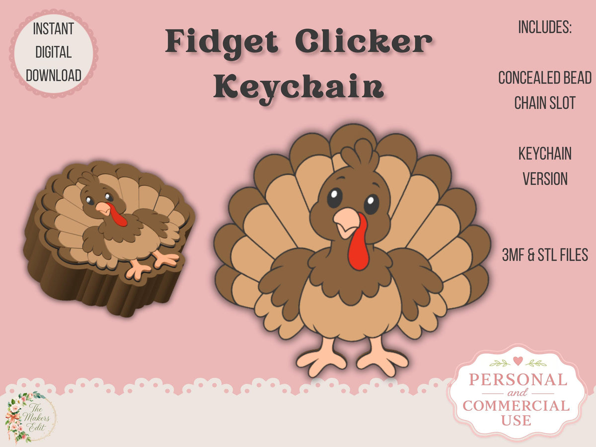 Fidget Clicker 3D Print File | Cute Turkey STL 3MF