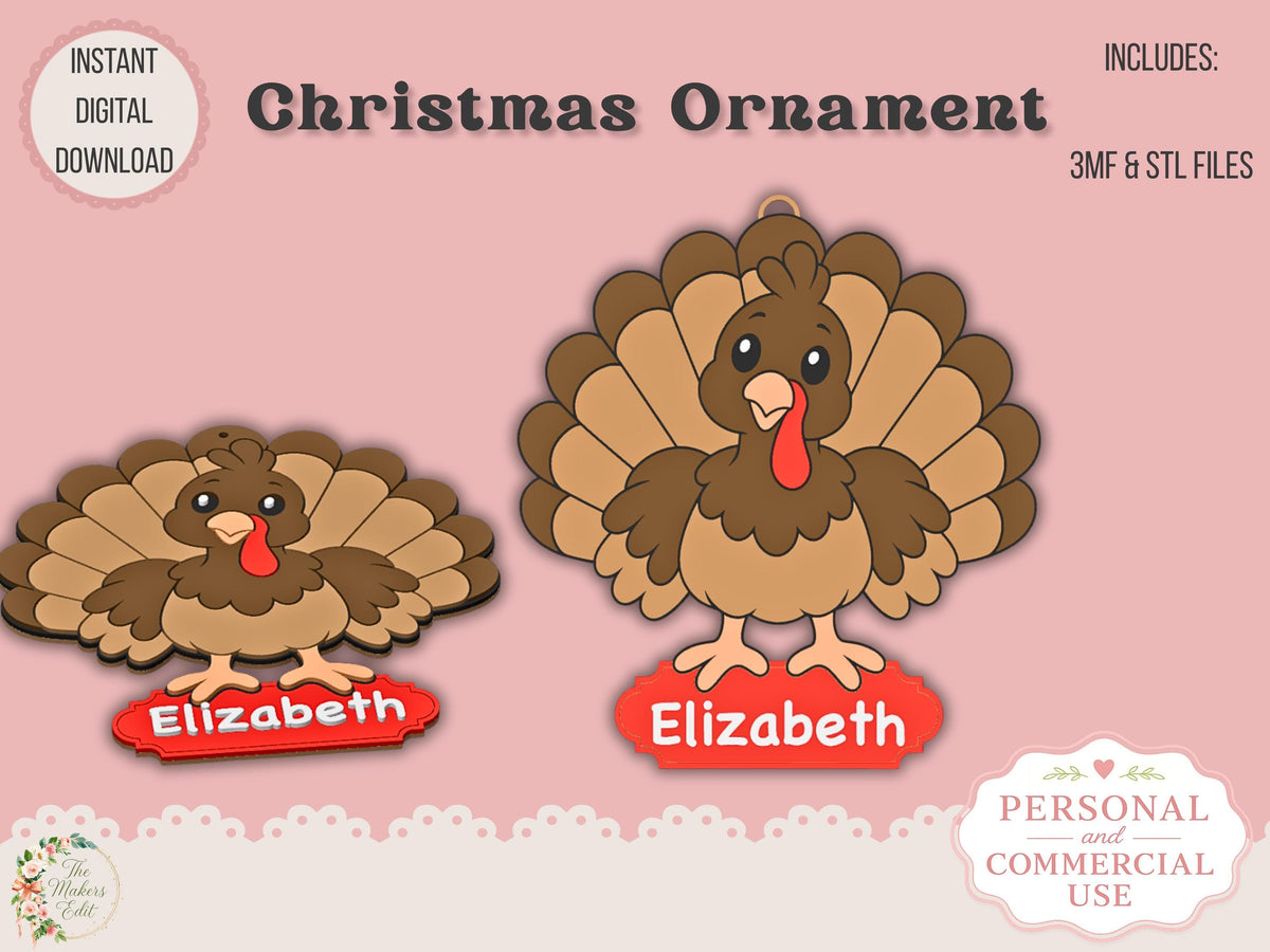 Christmas Ornament 3D Printer File | Cute Turkey STL 3MF