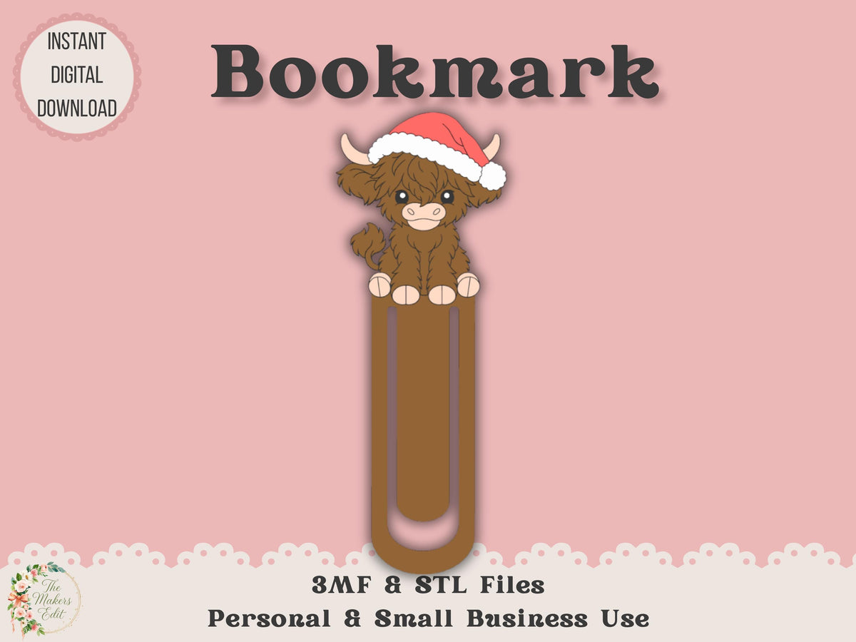 Bookmark 3D Printer File | Highland Cow Santa Hat STL 3MF