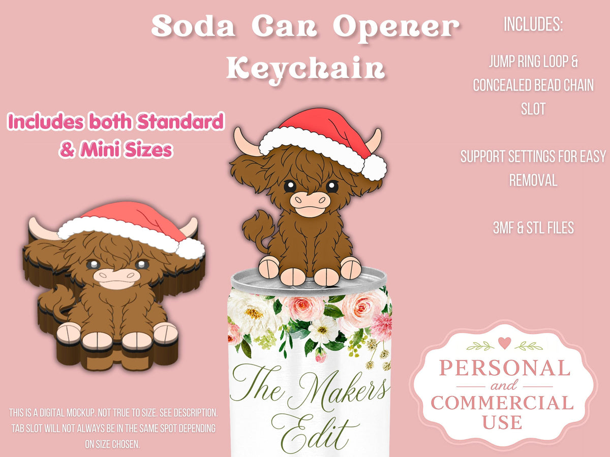 Soda Can Tab Opener Keychain 3D Printer File | Highland Cow Santa Hat STL 3MF
