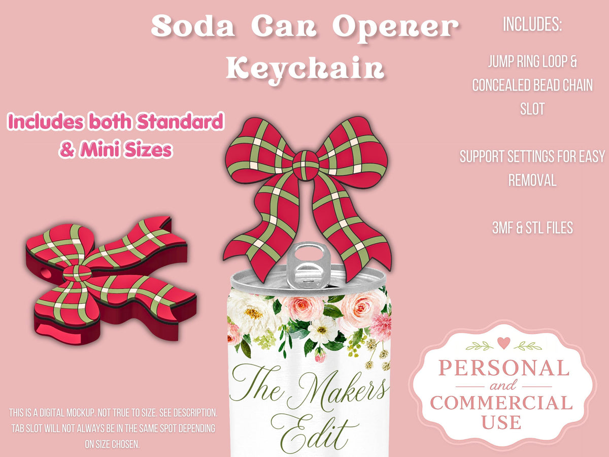 Soda Can Tab Opener Keychain 3D Printer File | Christmas Plaid Coquette Bow STL 3MF