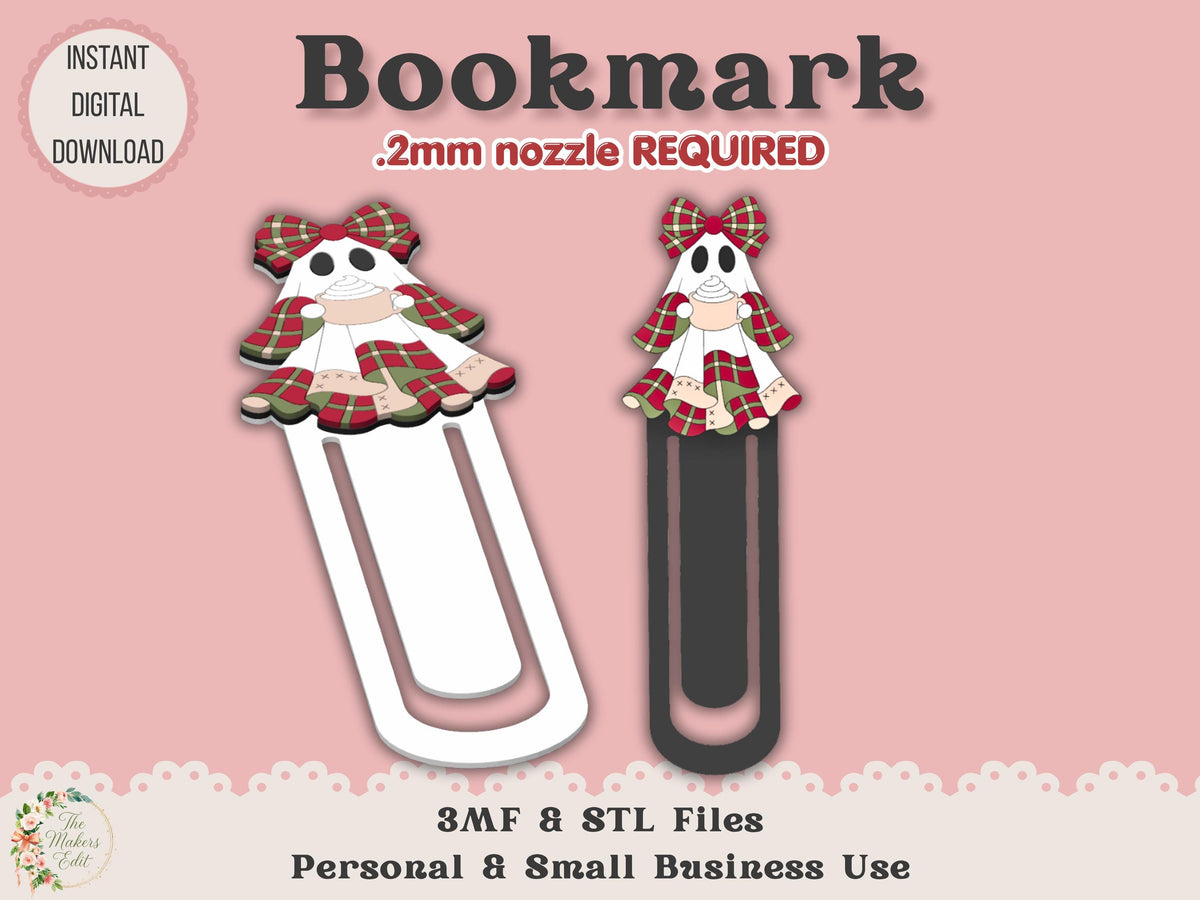 Bookmark 3D Printer File | Christmas Plaid Ghost STL 3MF