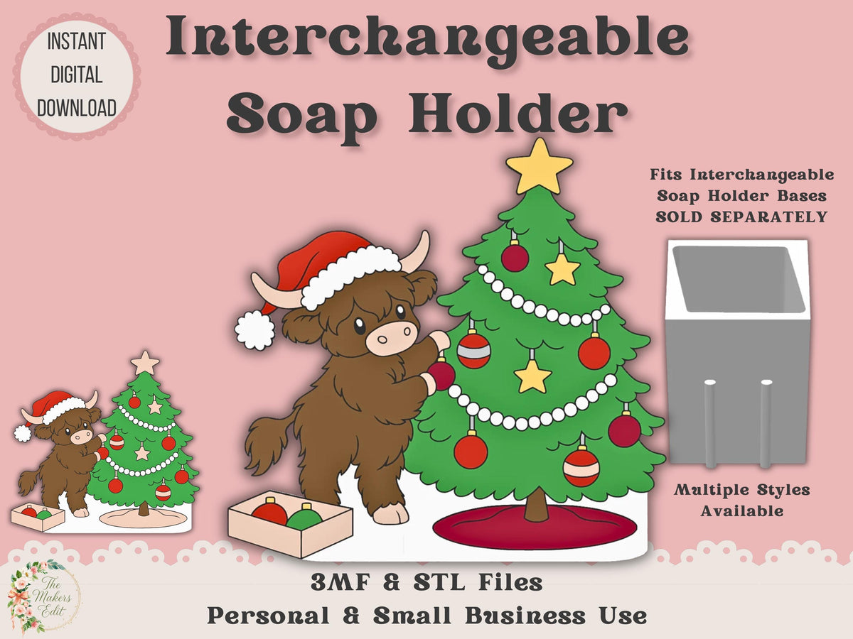Soap Holder - Interchangeable Top 3D Printer File | Highland Cow Decorating Christmas Tree STL 3MF