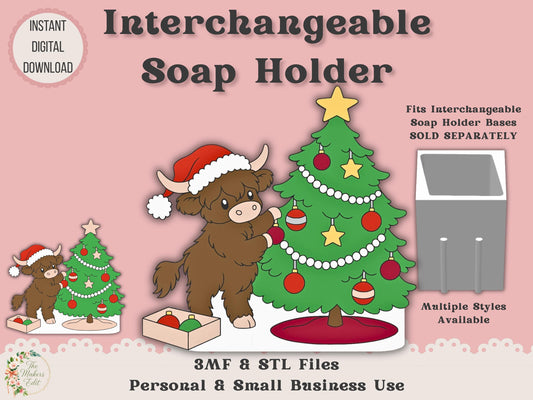 Soap Holder - Interchangeable Top 3D Printer File | Highland Cow Decorating Christmas Tree STL 3MF