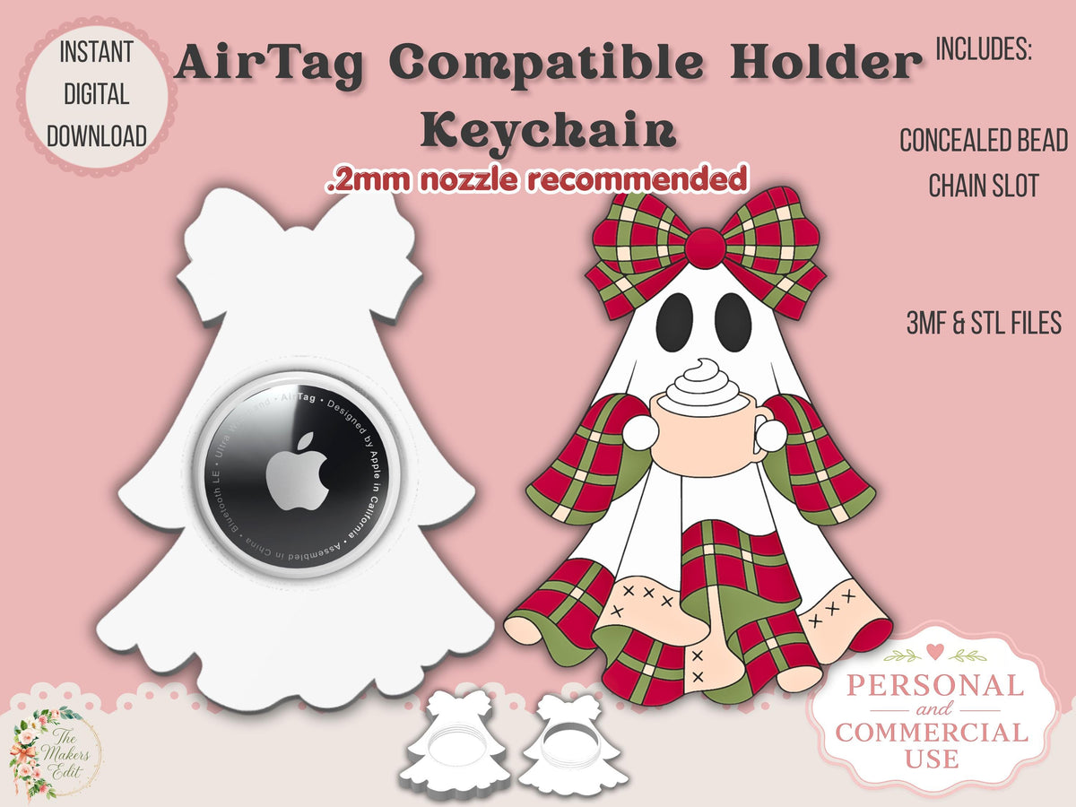 Tracker Holder Keychain - AirTag Compatible | Christmas Plaid Ghost | STL 3MF